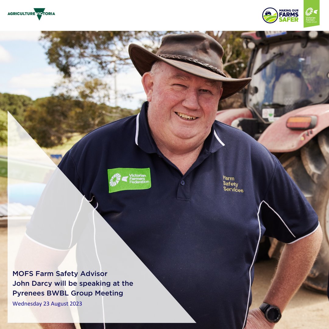 VFFMOFS's tweet photo. Farm Safety Advisor John Darcy will discuss WorkSafe’s cattle campaign and the MOFS new project focusing on older farmer safety, at the Pyrenees BWBL Group Meeting.    

More info: Neil 0417 353 929 or neil.james@ecodev.vic.gov.au    

#MOFS #VFF #safety #agriculture https://t.co/zjDaZU5YHf