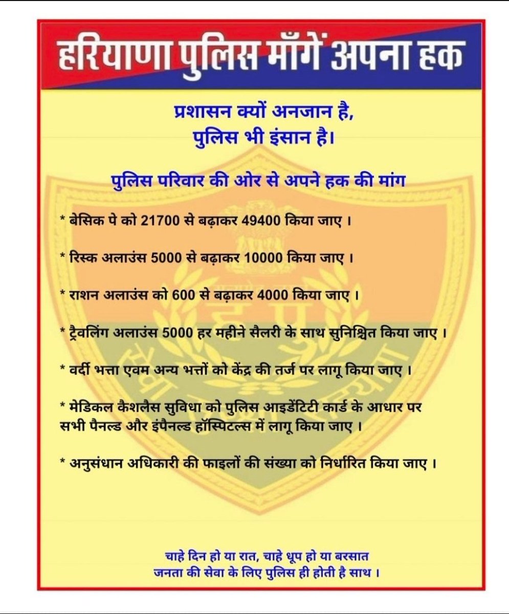 ashfaqkhan5776's tweet photo. #haryanapolice49400 
@mlkhattar 
@anilvijminister
@ZeeTV 
@dainikbhaskar
@DGPHaryana
@PMOIndia 
@HaryanaKesari
@DiprHaryana 
@cmohry
@Dchautala
दंगा हो तो पुलिस 
रैली हो तो पुलिस 
रोड पर खड़ी रहे पुलिस
नेताओं की सुरक्षा करे पुलिस 
पब्लिक के लिए 24 घण्टे तत्पर रहे पुलिस https://t.co/K4NTPTZsAz