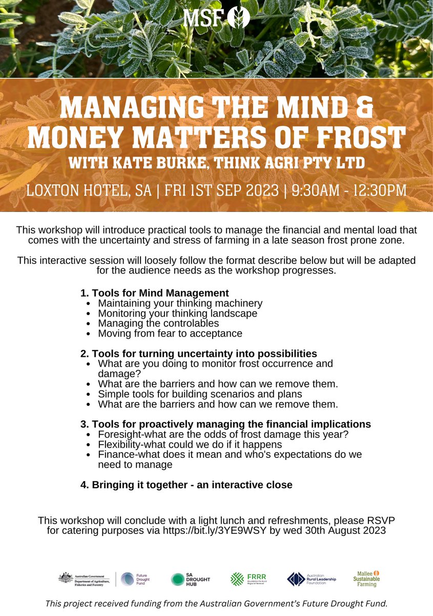MsfMallee's tweet photo. 👏Let's welcome Kate Burke to the Mallee:
A workshop to help manage the financial &amp; metal load that comes with uncertainty &amp; stress of farming.👨‍🌾👩‍🌾🌾Let's start being proactive!
🏡Loxton hotel 
📆Fri 1st Sep 
⌚9:30am-12:30
More info/RSVP👉 https://t.co/7GeeaCkwFR
 @SADroughtHub https://t.co/KLHTn8kmaY