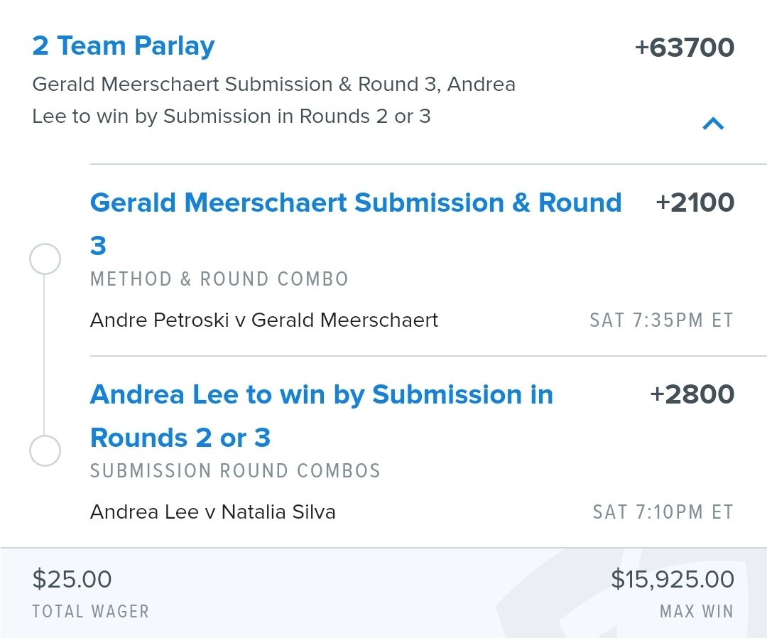 MrElectricute's tweet photo. Art's Ridiculous #Parlay for #UFC292 

+37600
$25 to win $9,400
🥊 #Meerschaert sub round 2 +1200
🥊 #Lee sub round 2/3 +2800

+63700
$25 to win $15,925
🥊 Meerschaert sub round 3 +2100
🥊 Lee sub round 2/3 +2800

Ok hear me out: 

Thread below ⬇️

#ParlaysAreMinusEV https://t.co/6e8yVefS3v