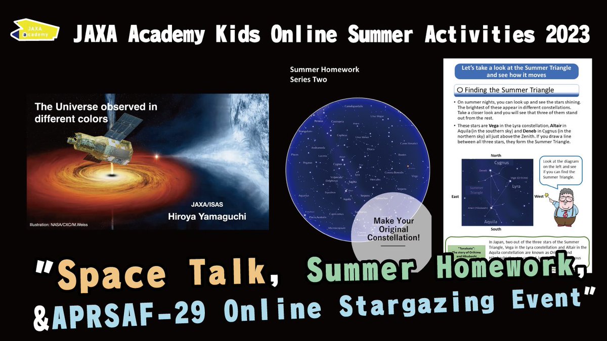 spaceedu_info's tweet photo. Are you watching the stars at night?🌌
One of the #JAXAAcademyKids' #SummerHomework is watching and sketching the stars✨ you can see in your area like Summer Triangle or Orion.
Record the stars and hand in your homework by Aug. 31st.
https://t.co/gp8xb3PqEP
#APRSAF29 https://t.co/zOmjnLTo89