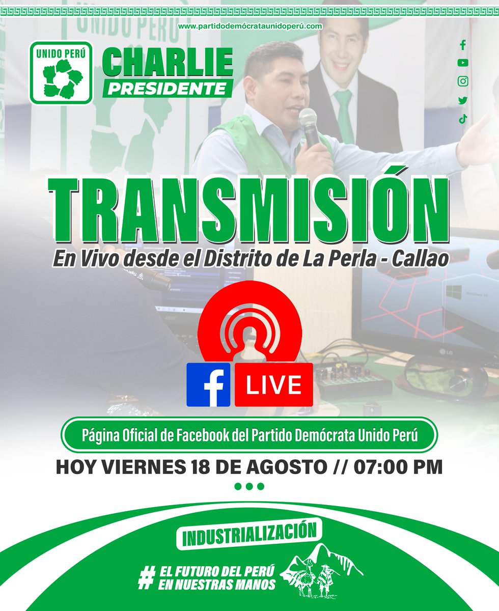 PDUnidoPeru's tweet photo. 🟢⚪️ #DistritoLaPerla | SI 🥳, ¡LA PERLA ES UNIDO PERÚ! 💚 🇵🇪
✅ Sigue la Transmisión EN VIVO de la Juramentación del Comité Distrital La Perla - Callao, a través de Nuestra Página Oficial de Facebook 🎥.
💚 Ni un paso atrás 🇵🇪.
#LaPerla.
#UnidoPerú.
#CharliePresidente. https://t.co/hdmejvVexh