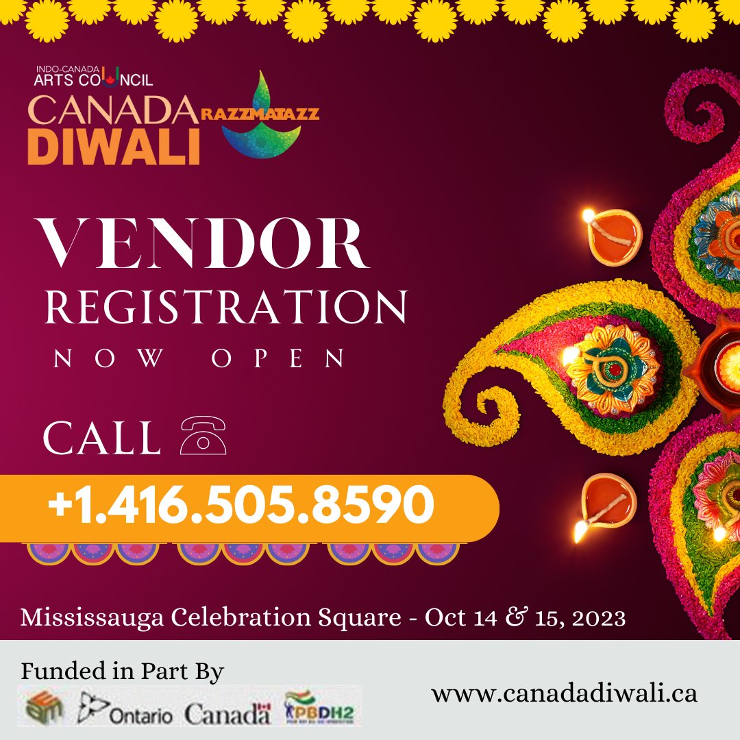 Vendor Booth Registration Now Open!
Showcase your unique products and be a part of the largest Diwali celebration in Canada. Join us today &amp; reserve your spot today and let your business shine at 
#CanadaDiwaliRazzmatazz
#VendorRegistration #diwaliincanada #countdownbegins