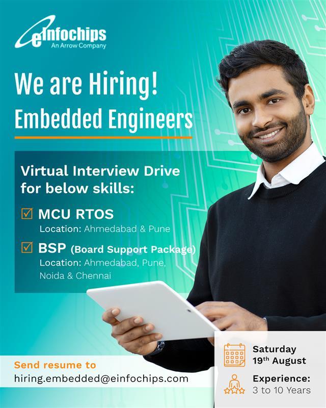 einfochipsltd's tweet image. Attention #EmbeddedEngineers!
@einfochipsltd is #hiring visionary Engineers in #MCU #RTOS and #BSP profiles who are passionate and eager to work with a Fortune 104 company to #boost their careers. Apply now at hiring.embedded@eInfochips.com.
#HiringNow #Jobs #CareerGrowth