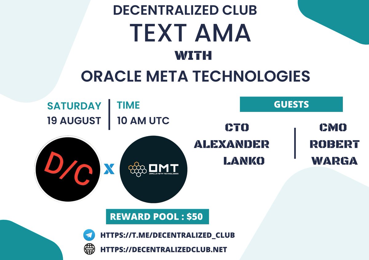 dens_club's tweet photo. DC Presenting an Text #AMA🎉

📌 Venue : https://t.co/UTG7EBNuUo
⏰ When : 19th August 10am UTC 
🤑 Reward : $50

10 winners will get $5 each
Twitter (5) & Live asking (5)

1⃣ Follow @official_omtech
2⃣ Like & RT & Tag 3 Friends 
3⃣ Post your questions.

🚸 Must Join OMT & DC Telegram & Twitter before the AMA otherwise you wont be chosen as WINNER.

https://t.co/XNSfUzeQKF
https://t.co/UTG7EBNuUo
https://t.co/ME6WlEt3TP

Best of luck 🤞!

#Giveaway #Airdrops #DC #decentralized_club #NFT #NFTs #NFTgiveawas #Giveaways #Airdrop #AMAs #Crypto