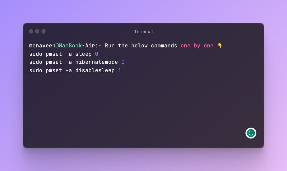 the_mcnaveen's tweet image. Use your MacBook in Clamshell mode (Lid Closed) without AC Power Adapter 

Just run the below commands one by one. ✨

#MacOS #MacOSTips #BuildInPublic