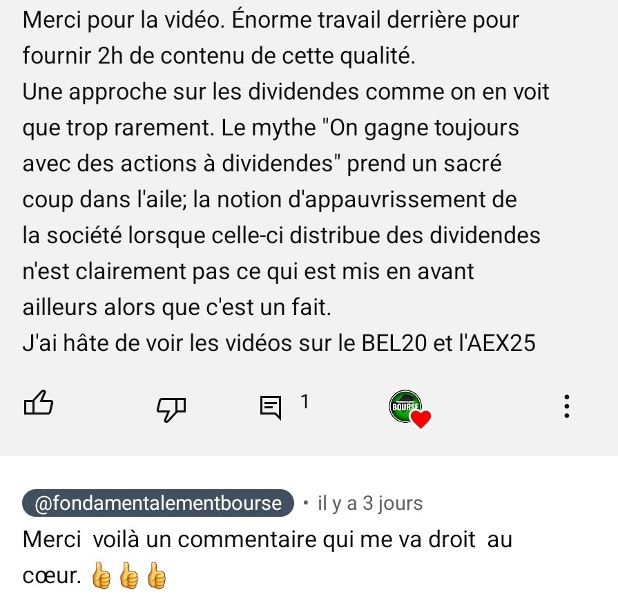 RicardoInvest_'s tweet photo. Un commentaire qui résume tout l'esprit de ma dernière vidéo...
Les #dividendes c'est comme les antibiotiques, ce n'est pas automatique.😉
https://t.co/DbWAdvy1q4
Ce soir c'est le tour de la BELGIQUE et le #BEL20 , semaine prochaine l'#AEX25 . https://t.co/cUaHurqmLP