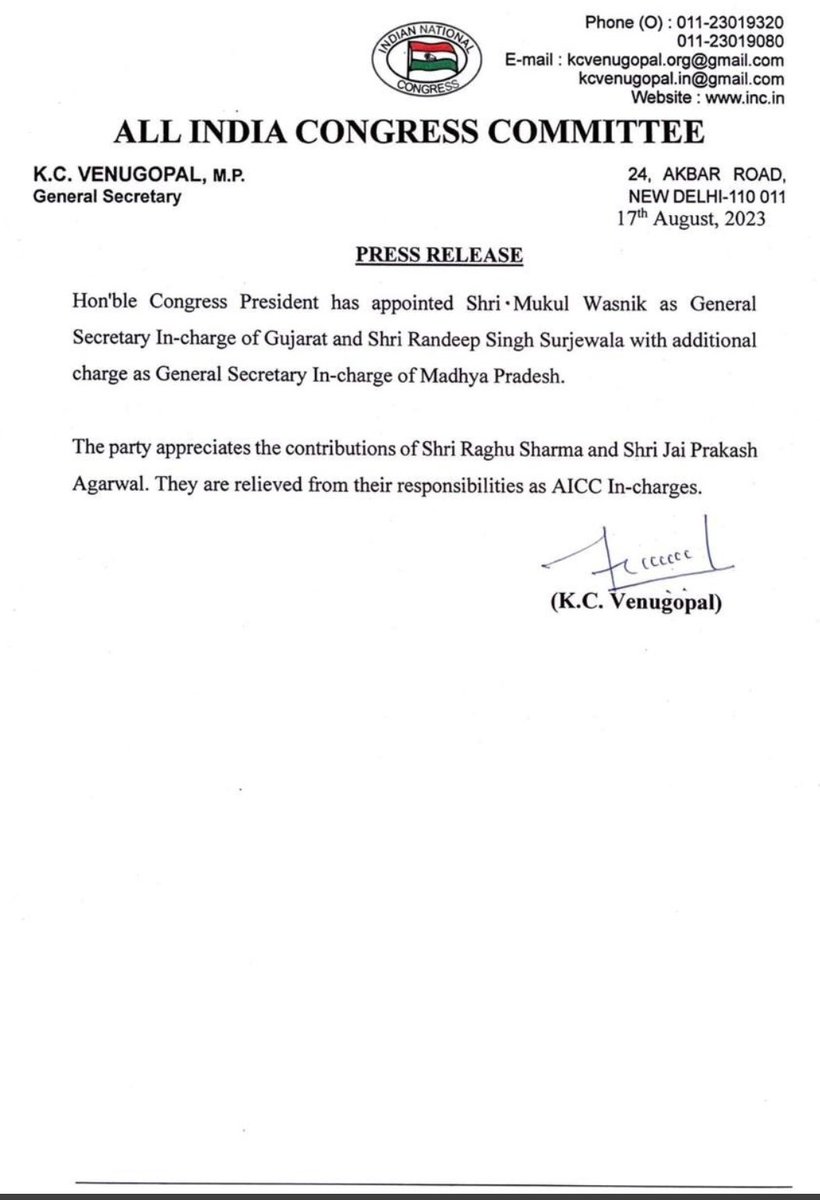 haroonyusuf22's tweet photo. I congratulate Shri @MukulWasnik ji and Shri @rssurjewala ji on their new roles as the general secretaries in-charge of Gujarat and Madhya Pradesh. 

May Allah bless you both with success in your future endeavours. https://t.co/MVeOFArZ0x