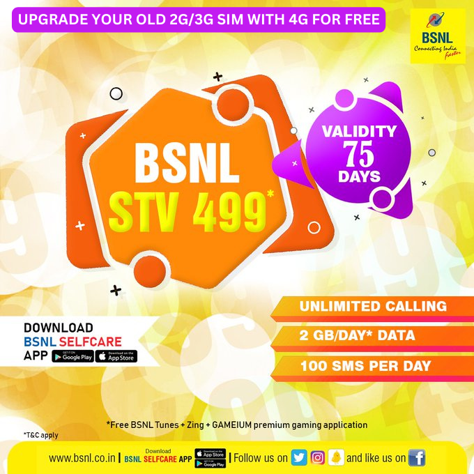 bsnl_ap_circle's tweet photo. Recharge with #STV499 and enjoy unlimited calling, 2GB data & 100 SMS per day for 75 days. #RechargeNow with #BSNLSelfCareApp Download the app now. Google Play: https://t.co/1rRo05UqW7: https://t.co/hEoZvdNSq6 #BSNLOnTheGo #bsnlrecharge#joinBSNLfamily https://t.co/Gc8OZIrVQJ
