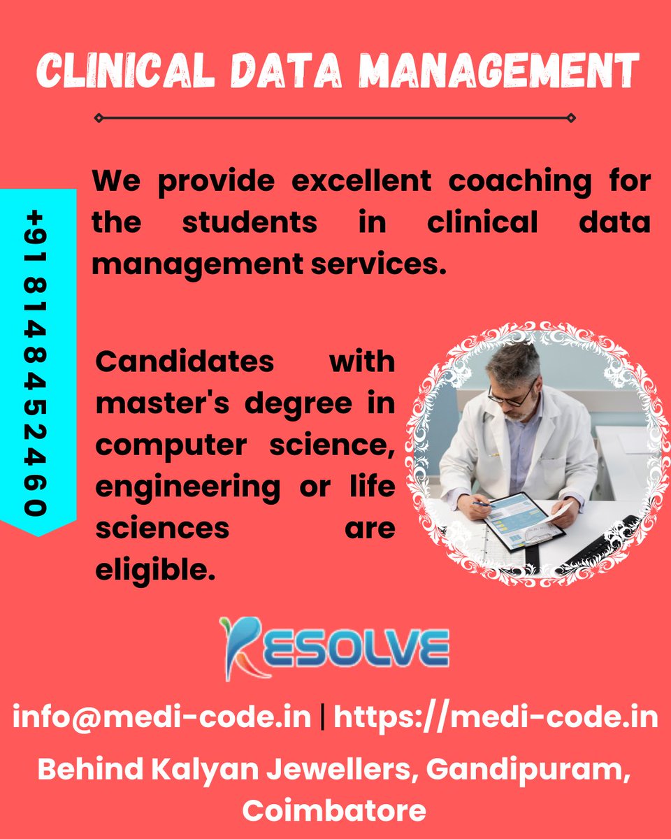 ResolveMedicode's tweet image. The medical courses like clinical data management is available in our training center, we guide throughout the course.The interested students can use this opportunity.
medi-code.in/clinical-data-…
#Clinicaldatamanagementtraining #Clinicaldatamanagementcourse #Clinicaltrialmanagement