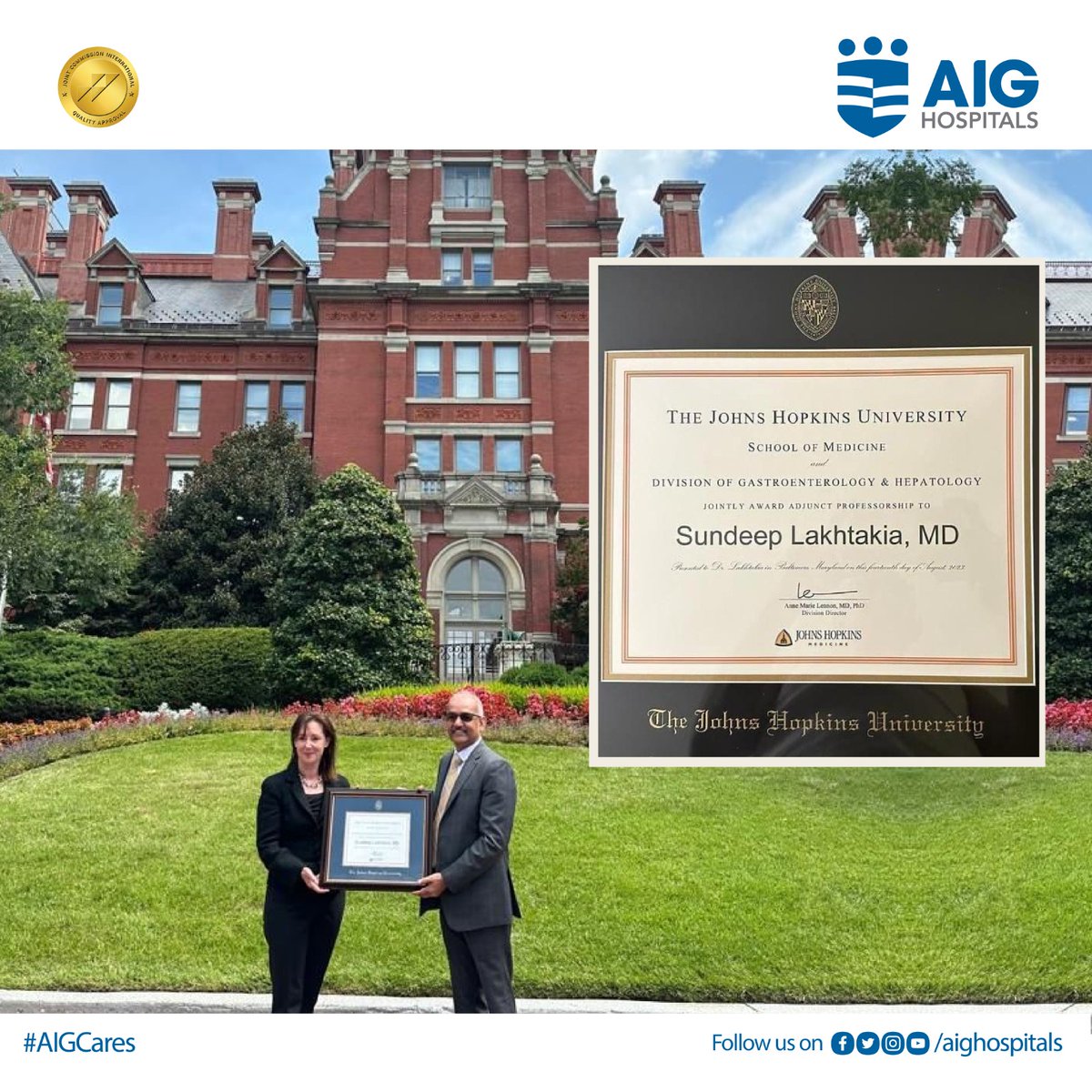 We are extremely elated that our Director of #GIEndoscopy, Dr. Sundeep Lakhtakia has been awarded the Adjunct Professorship from @HopkinsMedicine . Congratulations! @DrLakhtakia 
#AIGHospitals #Award  #Health #Research #JohnsHopkinsUniversity