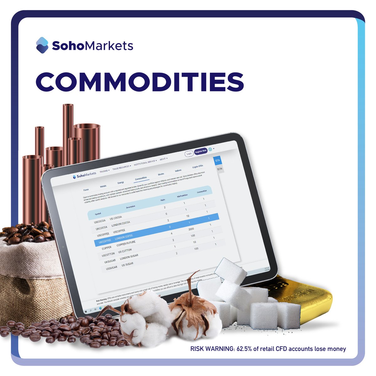 Commodities are natural goods that are collected and processed for use in human activity – such as oil, sugar and precious metals.
Trade with Sohomarkets a wide range of commodities like USCOCOA, UKCOFFEE, USCOTTON and many more. 
▶️𝐡𝐭𝐭𝐩𝐬://𝐰𝐰𝐰.𝐬𝐨𝐡𝐨𝐦𝐚𝐫𝐤𝐞𝐭𝐬.𝐞𝐮