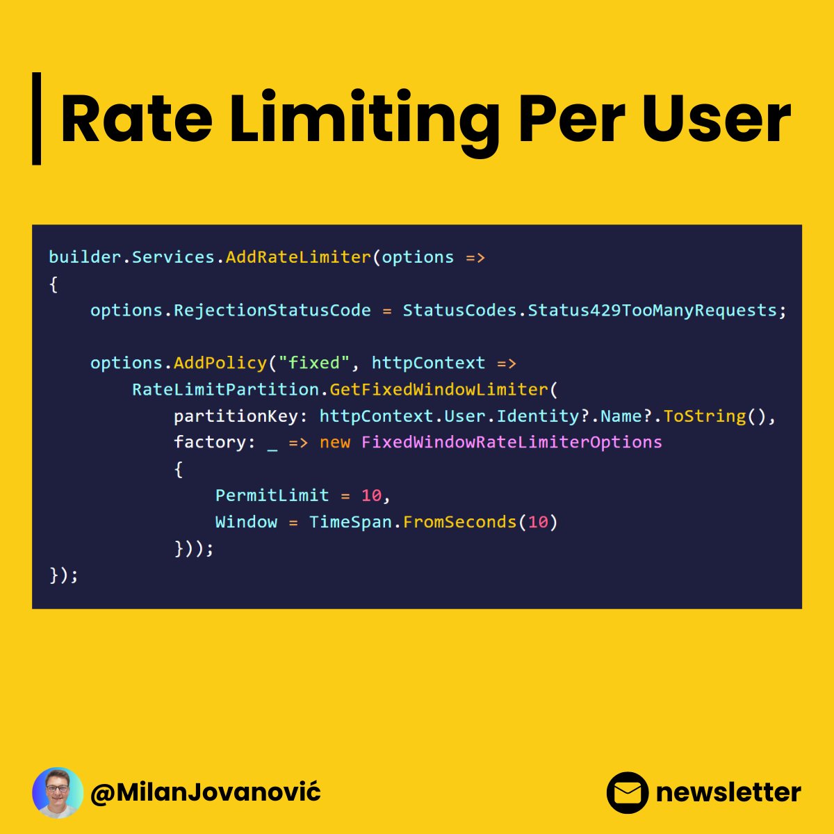 mjovanovictech's tweet photo. Want to build a large-scale system?

You will need rate limiting sooner or later.

It's a technique to limit the number of requests hitting your API:
- Improves security
- Prevents overloading
- Reduces resource usage

.NET 7 has built-in rate-limiting support. https://t.co/ewtowO6p5P