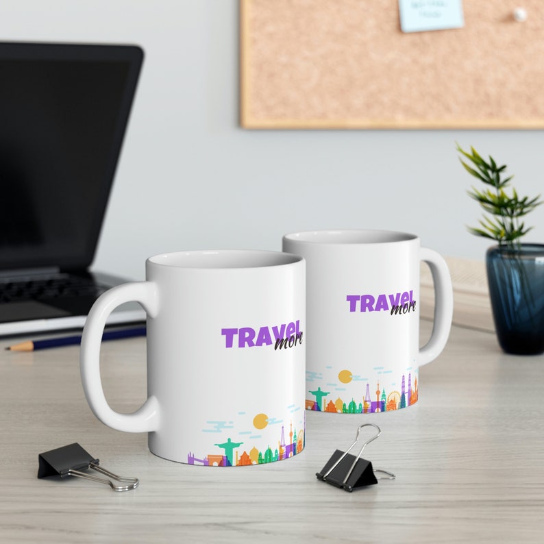 Explore the world with our Porcelain Travel More Mug! Adventure awaits - custom coffee mug perfect for work, coworker gifts, and more! #exploretheworld #adventureawaits #travelmoremug #customcoffeemug #workmug #coworkermug#gift #giftideas #handmade #homedecor #instagood