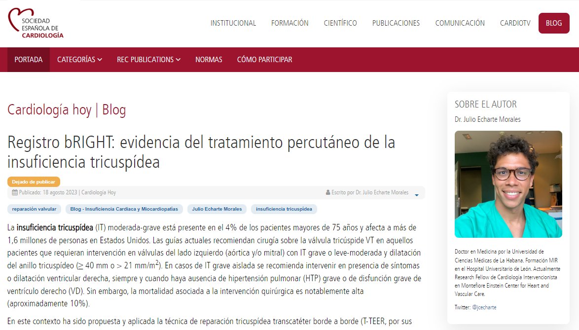 "El registro bRIGHT confirma la seguridad y eficacia del sistema TriClip en pacientes con insuficiencia tricuspídea grave sintomática", indica <a href="/jcecharte/">Julio Echarte</a>. #BlogSEC @jovenesSEC ow.ly/5C3x50PoB9R