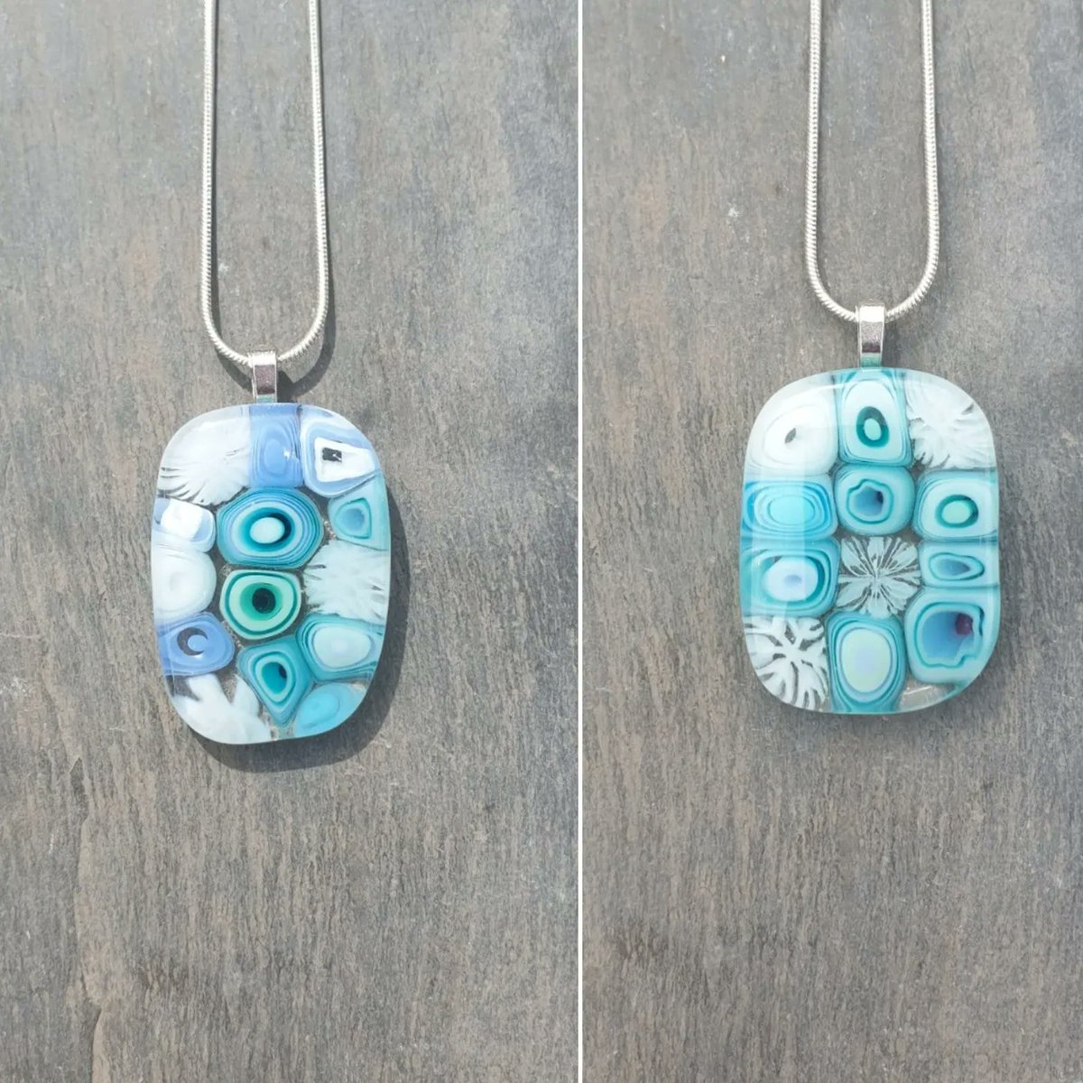 Two beautiful new "frozen" millefiori glass necklaces. Lovely handcrafted fused glass pendants. 

#earlybiz #handmade #etsy #giftideas #shopindie #smallbiz 

buff.ly/449xFLC