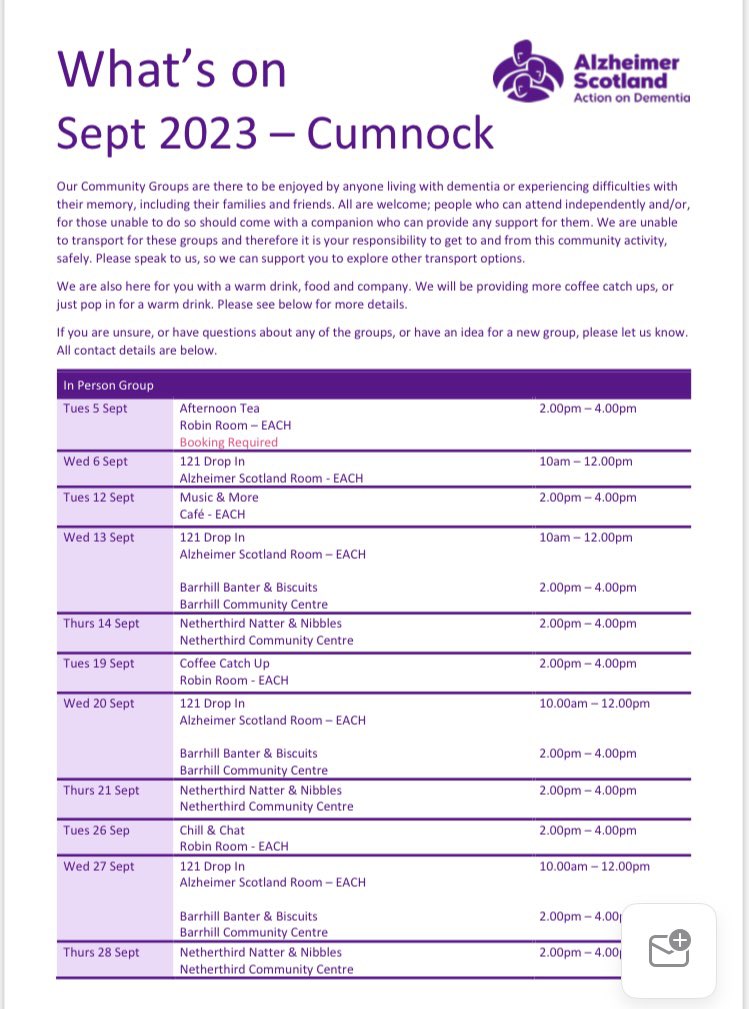 We have our activities organised for September in Cumnock - please contact Paul to find out more! We cannot wait to welcome and support in this area.