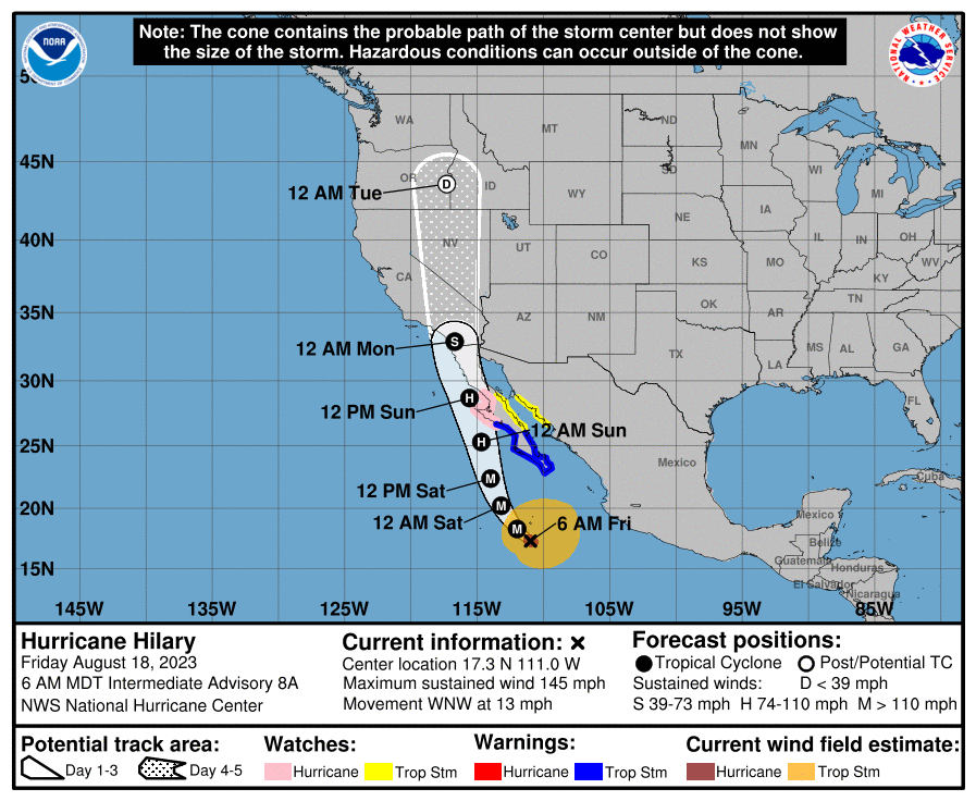 NWSSanDiego's tweet photo. Little change in the @NHC_Pacific track/intensity forecasts for #Hilary this AM.

The @NWSWPC has issued a HIGH risk for Excessive Rainfall over portions of Southern California on Sunday as well.

Discussion/Key Messages: https://t.co/gIE81jQyFy

#CAwx https://t.co/KNXPM5FgCU