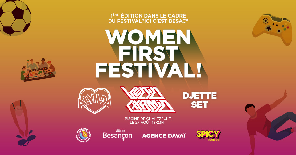 Dans le cadre du Festival 'Ici c'est Besac', Davai et Spicy Tourbooking organisent le premier :
**WOMAN FIRST FESTIVAL**
avec VENIN CARMIN, ALVILDA + sets DJettes
Dimanche 27 Août 2023 à 19h00
📷Piscine de Chalezeule 📷
12 Rte de Belfort,
25220 Chalezeul