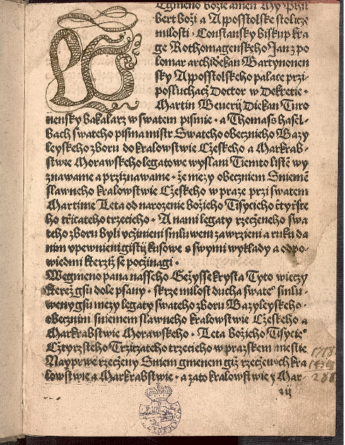 Another Czech incunabula from the printing workshop of the Master of the Prague Bible is the unique compactata, which were printed in 1500. The text itself begins with the initial W, supplemented by a pen freely in the space. 
National Library CZ 44 G 111
manuscriptorium.com/apps/index.php…