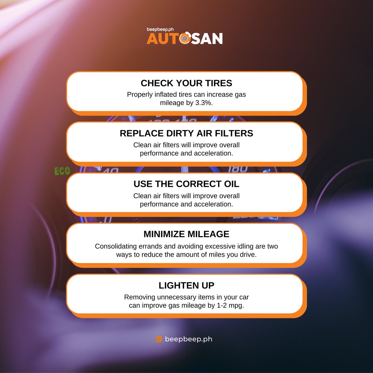 usebeepbeep's tweet image. Mag-drive nang tipid sa gasolina! 😎

Check out these fuel efficiency tips for your ride. Want more car care? Visit beepbeep.ph for top-notch services and maintenance.

#AutoSan #Beepbeepph #Carservices #Carmaintenance #Carcare