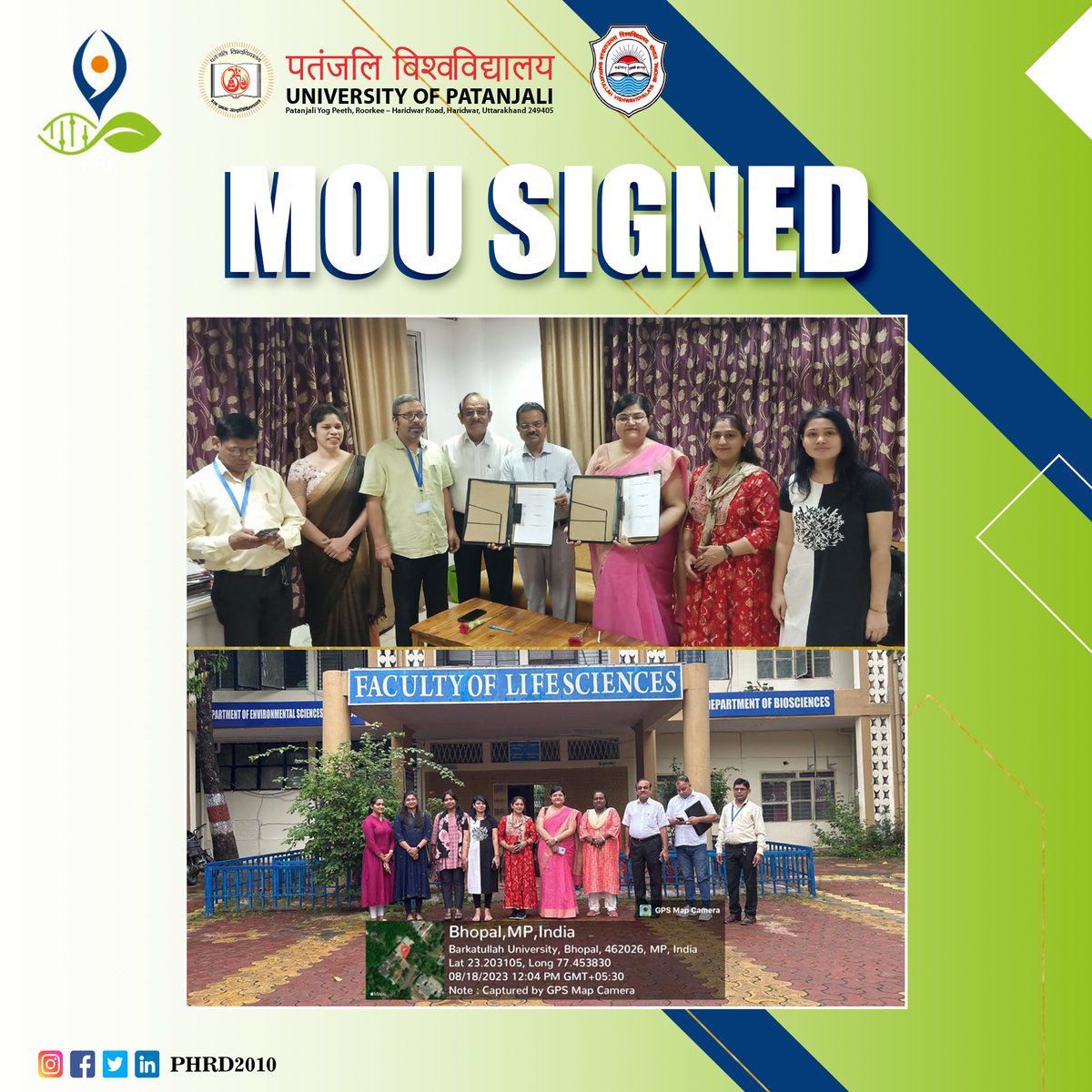 With the blessings of Pujya Swami Ji Maharaj & Pujya Acharya Shri Ji, an MoU was signed today between Patanjali Research Institute, Patanjali University, and Barkhatullah University of Madhya Pradesh.
#MoU #patanjaliresearchintitute #barkatullahuniversity #universityofpatanjali