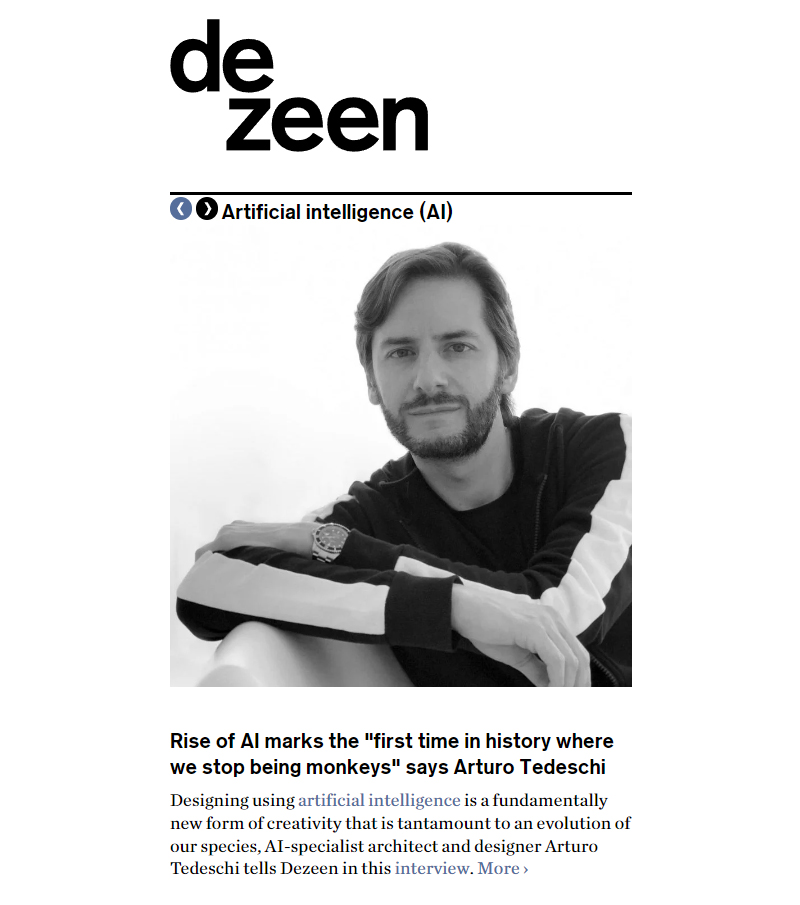 Thrilled to be on #dezeen today dezeen.com/2023/08/18/art… arturo tedeschi on dezeen #artificialintelligence #ai #aitopia #dezeen #arturotedeschi