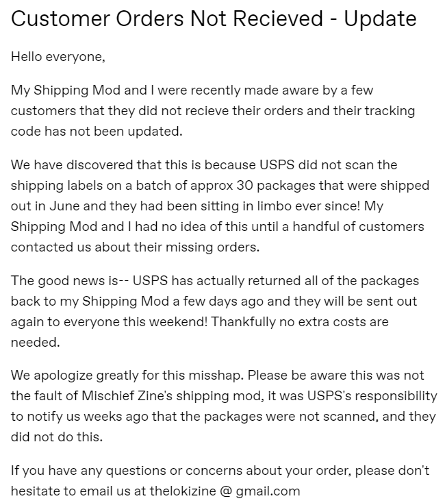 LokiZine's tweet photo. Update on customer orders not arriving.
Our God of Mischief has caused havoc with the zine yet again! Thankfully the issue is resolved for now. https://t.co/zKTs1A5Whi