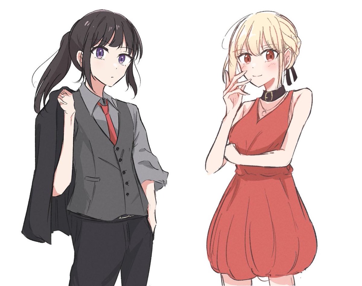 inoue takina ,nishikigi chisato multiple girls 2girls blonde hair necktie red necktie black hair dress  illustration images