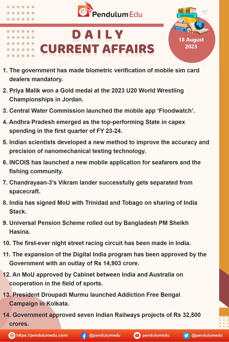 pendulumedu's tweet photo. Stay Updated with Daily Current Affairs in English of 18 August 2023 - https://t.co/nXGGxit2Cb
#BiometricVerification #priyamalik #u20worldwrestlingchampionships #capexspending #AndhraPradesh #nanomechanicaltesting #incois #Chandrayaan3 #vikramlander #trinidad #tabago https://t.co/rgJRfzBIAA