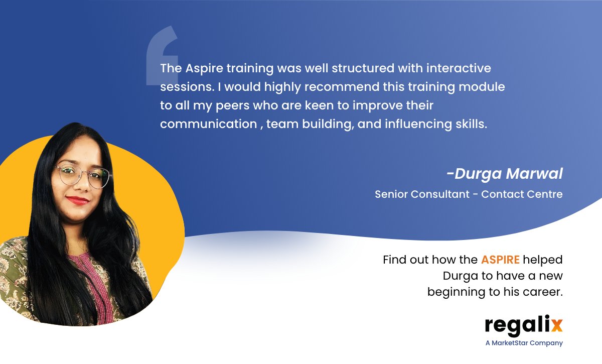 Durga's journey with #Aspire has been highly rewarding. The program has equipped her with practical skills and invaluable insights on several key topics. She is excited to integrate these learnings into her professional journey and create a positive impact within her team.