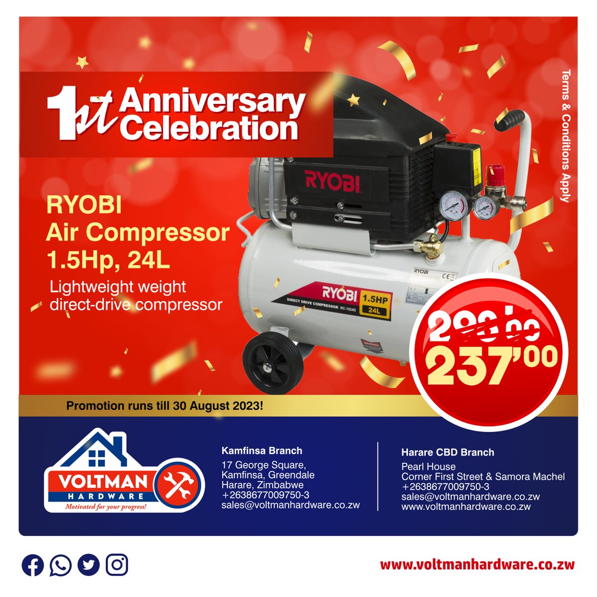 VoltmanHardware's tweet photo. This compact, handy RYOBI 1.5HP compressor, fitted with fully automatic pressure cut-out switch and twin gauges . It’s an ideal power tool. Get it for the best price at Voltman Hardware this Anniversary month.
#ryobi
#anniversary
#hardware
#voltmanhardware
#diy https://t.co/NfKjvEUv8p