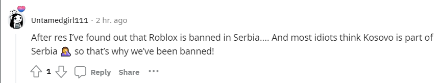Spookish7's tweet photo. This is confirmed to be false.
Serbians are not banned in #ROBLOX.

People from #Kosovo continue to have issues accessing the website with no official tweet or information released as to why from Roblox themselves. https://t.co/ltN1vuI6cl