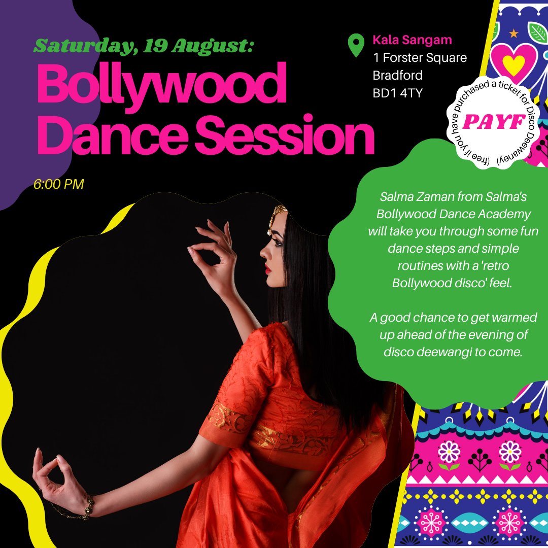 bdartscentre's tweet photo. Step into the world of Bollywood as we close Day 2 of the #BSAF on Saturday.
🌟 Join us for a session filled with simple and fun Bollywood dance steps that'll get you all set for the evening of Disco Deewaney to come, with the amazing Salma Zaman. 💃✨ https://t.co/YGLQtGOuJd