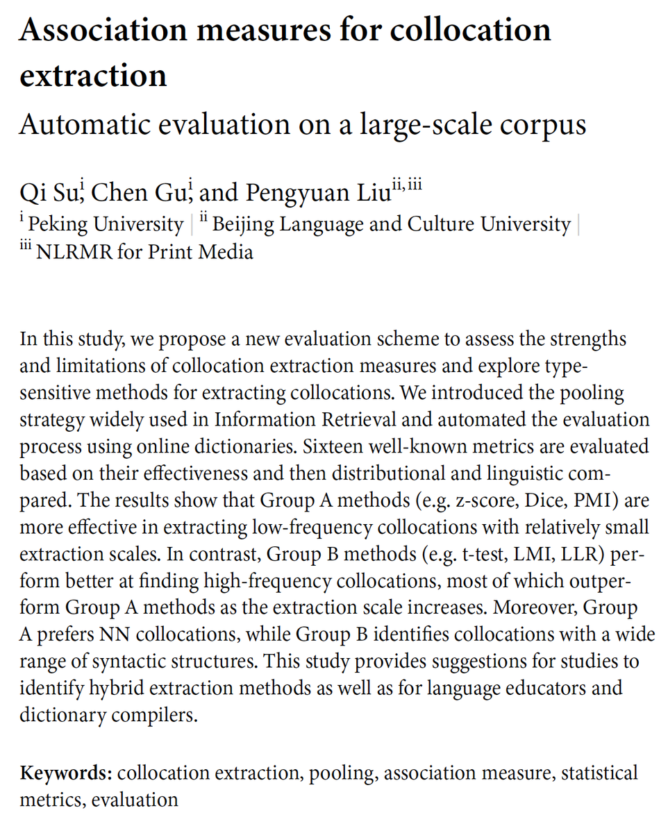 IJCL (@ijcl_journal) on Twitter photo #onlinefirst: In "Association measures for collocation extraction", Su et al. propose a new evaluation scheme to assess the strengths and limitations of collocation extraction measures and explore type-sensitive methods for extracting collocations benjamins.com/catalog/ijcl.2…
<a href="/PKU1898/">Peking University</a> #onlinefirst: In "Association measures for collocation extraction", Su et al. propose a new evaluation scheme to assess the strengths and limitations of collocation extraction measures and explore type-sensitive methods for extracting collocations benjamins.com/catalog/ijcl.2…
<a href="/PKU1898/">Peking University</a>