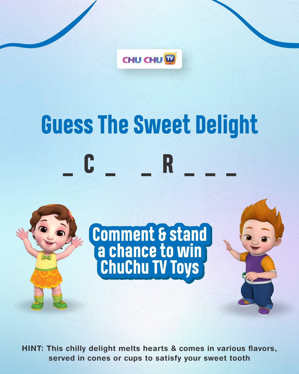Contest Alert!

Can you guess the word and uncover the missing treat in the picture? 🧩✨

Fill in the blank with your sweetest guess and stand a chance to indulge in some delicious ChuChu TV Toys! 🤩

#ChuChuTV #NurseryRhymes #MomLife #DadLife #ContestAlert #WinBig #Contest