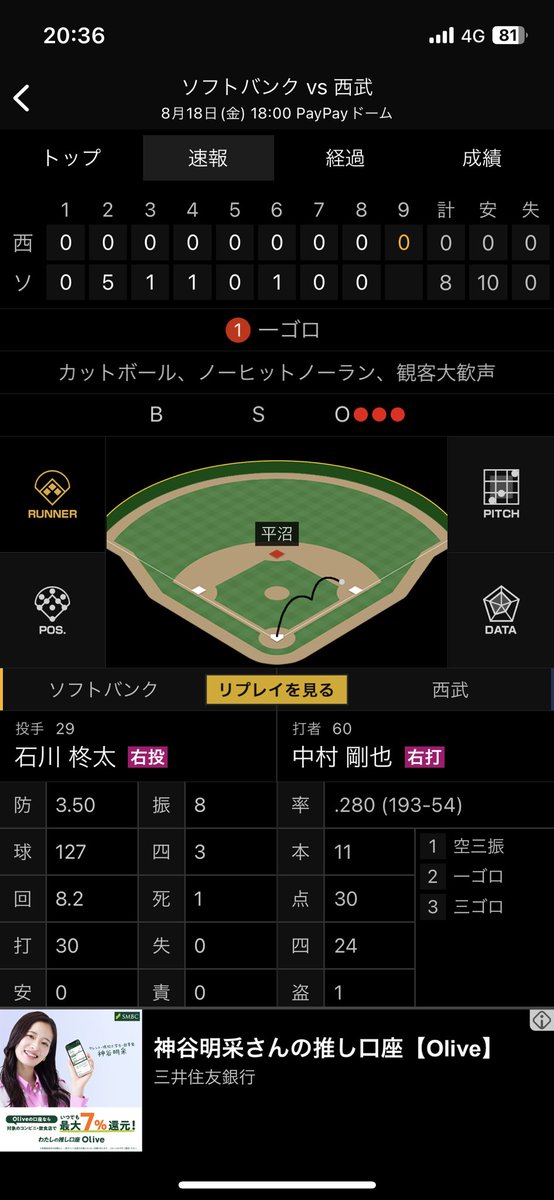 _matsuringo__'s tweet photo. 石川柊太さん。
最近のあのいいピッチングは今日のためだったんだね、、、。打線も援護ナイス！
#石川柊太
#sbhawks https://t.co/f0eoG5yQnx