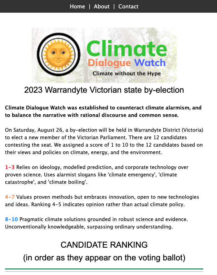 Climate ranking lists are always biassed, coming from a far-left activist group. Climate Dialogue Watch is ranking candidates for the 2023 Warrandyte by-election by common sense and rationale. Freaky! #WarrandyteVotes #springst #Warrandytebyelection climatedialoguewatch.com