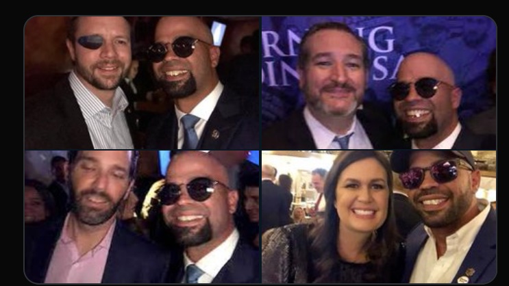 <a href="/TheRickWilson/">Rick Wilson</a> Proud Boys leader Enrique Tarrio photographed with
DanCrenshaw,  Ted Cruz , Donald Trump Jr , and
Sarah Huckabee

They are very upset they are publicly available
so do not retweet them