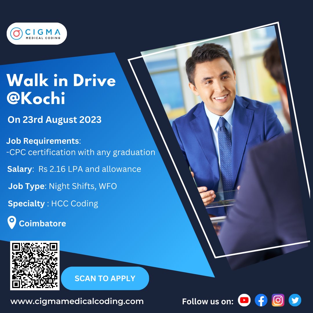 cigmahealthcare's tweet image. Unleash Your Potential in Healthcare! 🌟 Join us at our Walk-in drive conducted specifically for ambitious CPC-certified graduates. Your path to a rewarding career begins here. Let's co-create the route to success! 💼💡
#HealthcareCareer #CodingForSuccess #MedicalCodingJobDrive