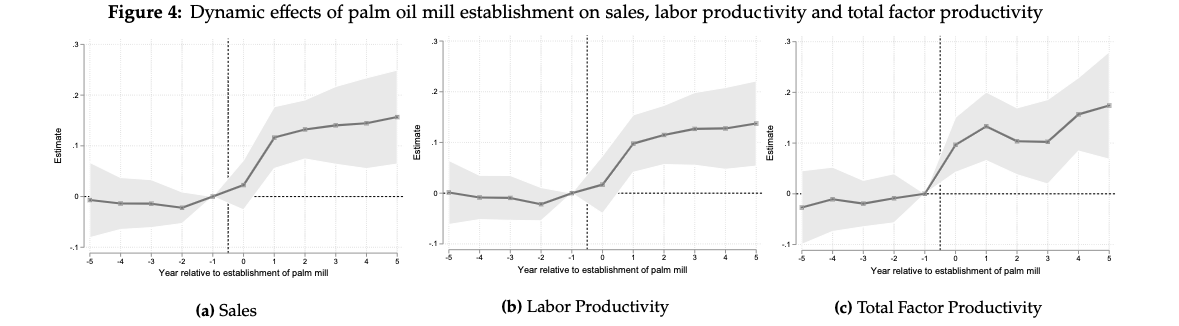 What are the spillover effects of large-scale agricultural expansions?

New work in JAERE uses the palm oil boom in Indonesia to study this question.

🌴 Local palm oil investments lead to ⬆️ in sales &amp; productivity at * non-palm oil * manufacturing plants.

#JaereFigureFriday