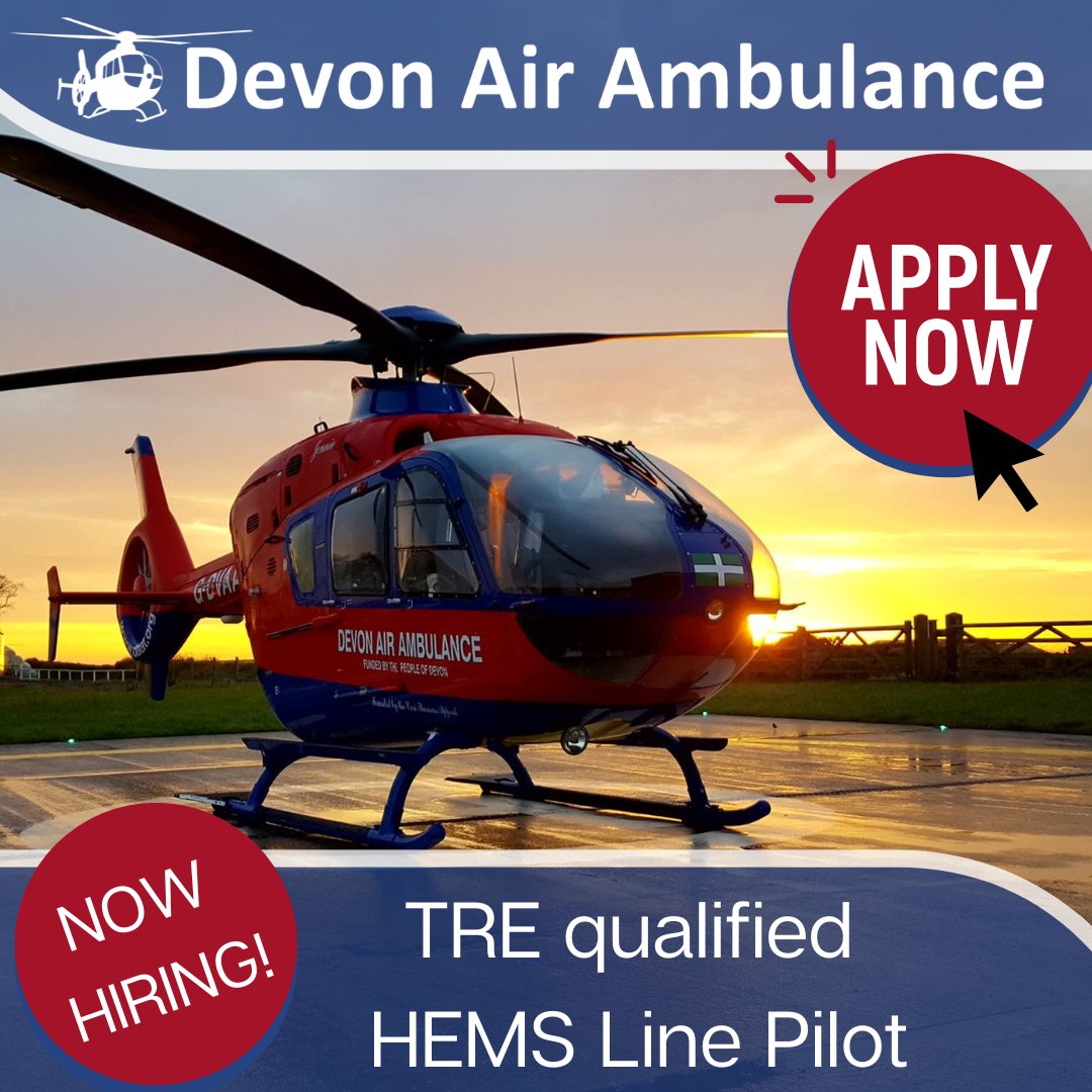 DevonAirAmb's tweet image. Last chance to apply!

We're seeking a TRE Line Pilot, experienced on H145 or EC135 within HEMS or similar. Applicants must hold a UK CAA APTL (H)/CPL (H).

Apply here - lnkd.in/gWqdg8Wg

#HelicopterPilot #HeliJobs #HEMSJobs #AviationJobs #PilotLife