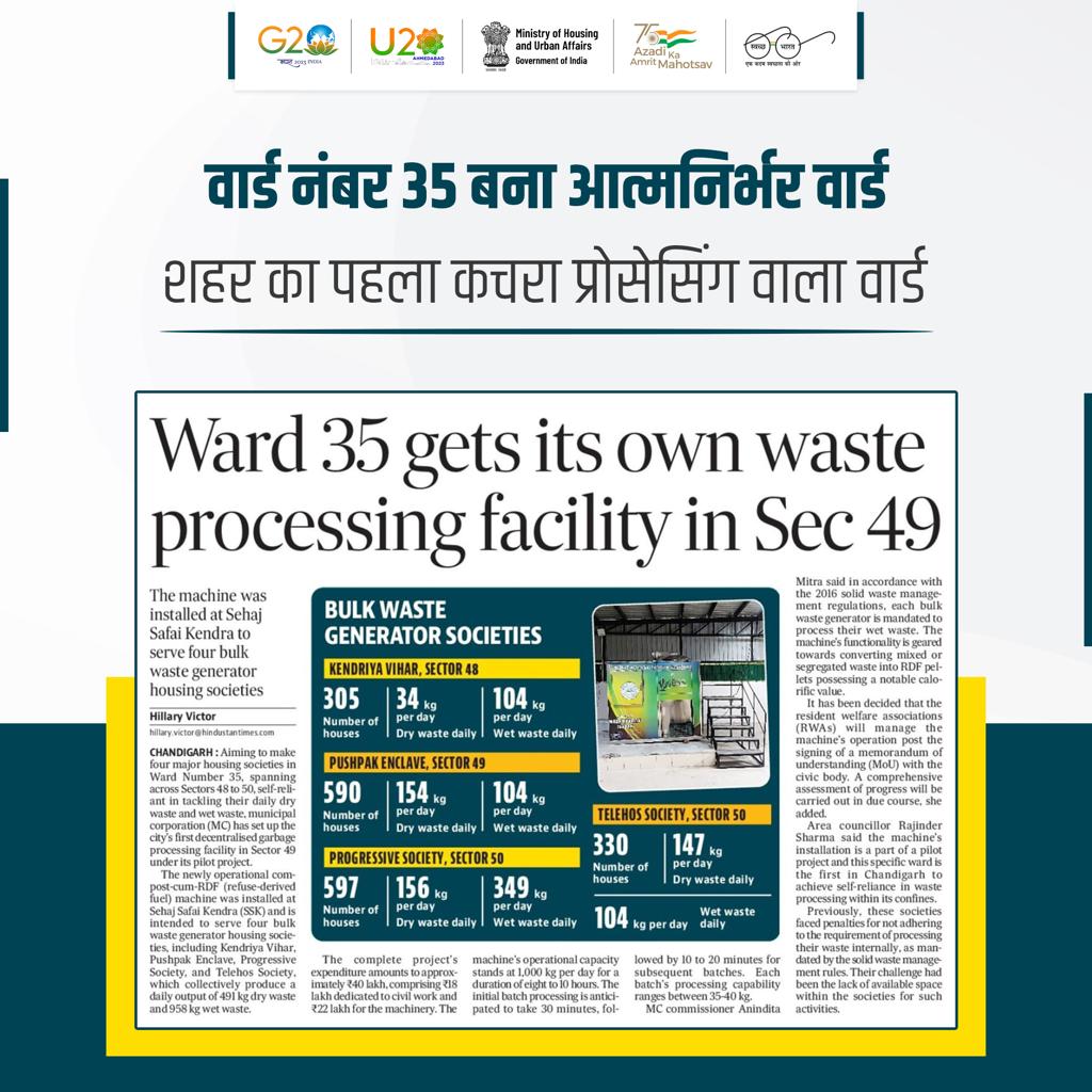 SwachhBharatGov's tweet image. चंडीगढ़ के सेक्टर 49 के वार्ड नंबर 35 द्वारा स्वच्छता के क्षेत्र में सराहनीय पहल की गई है। 
यहां वार्ड के अंदर ही #WasteProcessing सुविधा की शुरुआत की गई है। कचरा प्रोसेसिंग मशीन को सहज सफाई केंद्र में 4 थोक अपशिष्ट जनरेटर हाउसिंग सोसायटियों के लिए स्थापित किया गया।