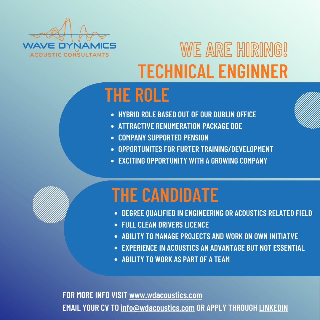 WaveDynamicsAC's tweet image. We are #hiring for a Technical Engineer (Graduate). For more information visit our LinkedIN page or apply directly to Sarah info@wdacoustics.com

#hiring #acoustics #dublin #acousticconsultant #irishjobs