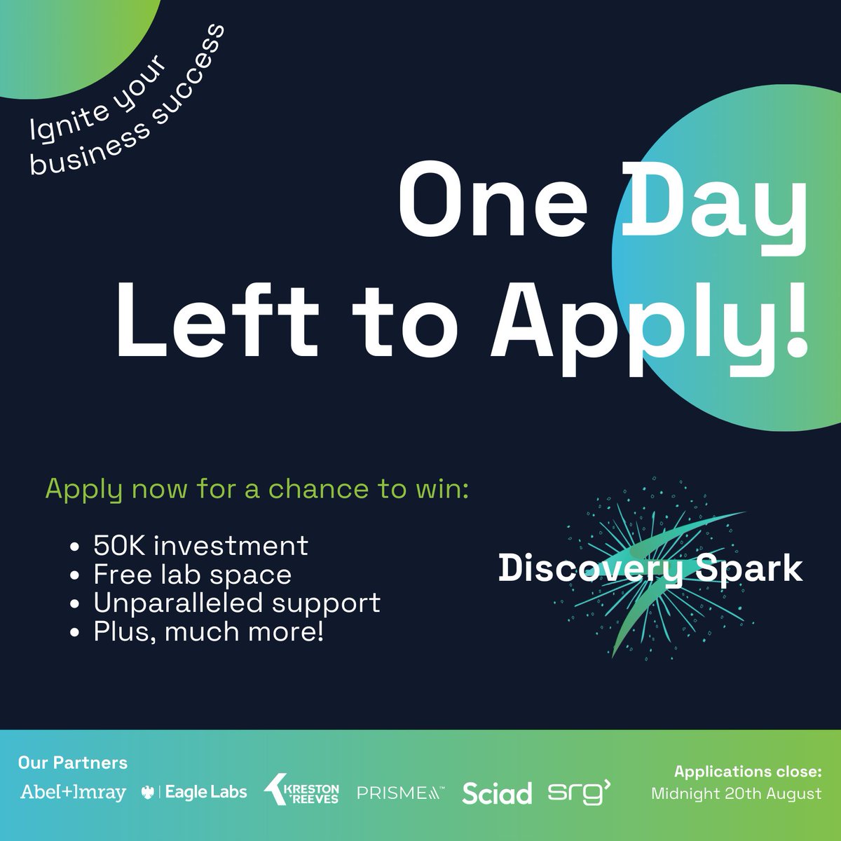 Only ONE DAY left to apply and participate in our exciting programme, Discovery Spark ⏳

Don't miss out on the chance to win investment, free lab space and industry support worth over £100k 💸

Don't miss out and register now! ⬇️
ow.ly/MRBX50Pjny9

#DiscoverySpark #Science