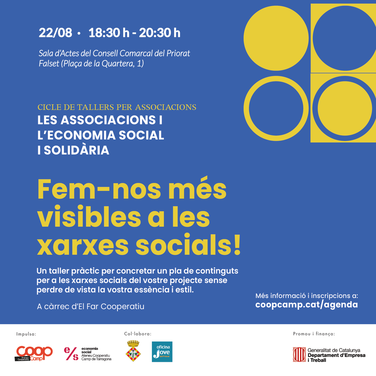 📢NOVETATS! Ser visibles a les xarxes sense perdre l'essència i l'estil és possible! Ho veurem al taller "Fem-nos més visibles a les xarxes socials!" que tindrà lloc dimarts vinent a Falset

👉Més informació i inscripcions: bit.ly/CC-xxss-falset

#hofemcooperatiu
#hofemcoopcamp