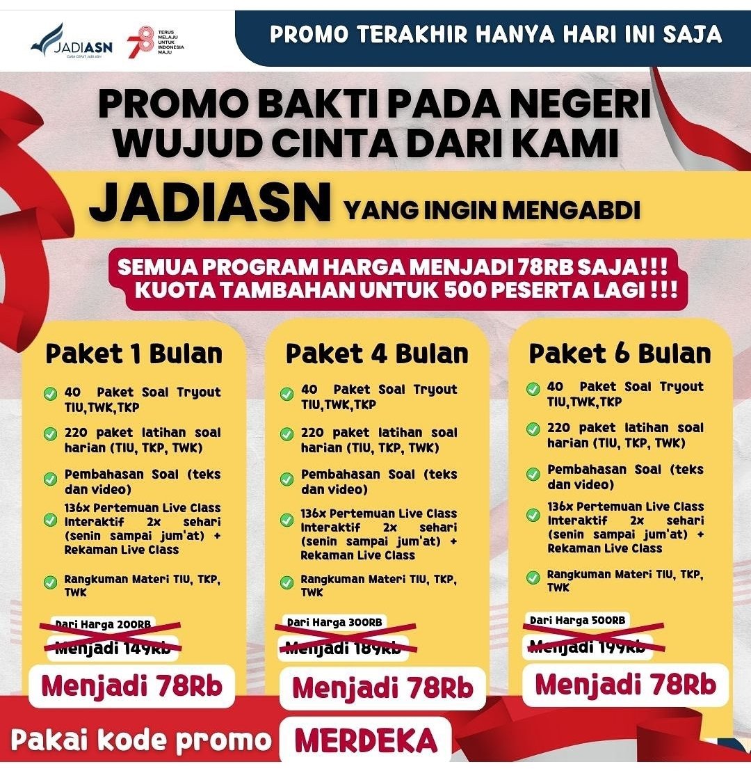 ANAKUNIB's tweet photo. BIMBEL CPNS2023 KOMPLIT Hanya 75K.

Kode Diskon: MERDEKA
Diskon Affiliate: RES180919

1. Download App JadiASN https://t.co/fZb3J2wg5E
2. Daftar/Login
3. Pembelian > Pilih Paket >Masukan kode promo MERDEKA dan RES180919
4. Bayar
5. Paket akan aktif dalam 1 menit

#zonauang 
👇👇👇 https://t.co/twkG5S7xs5