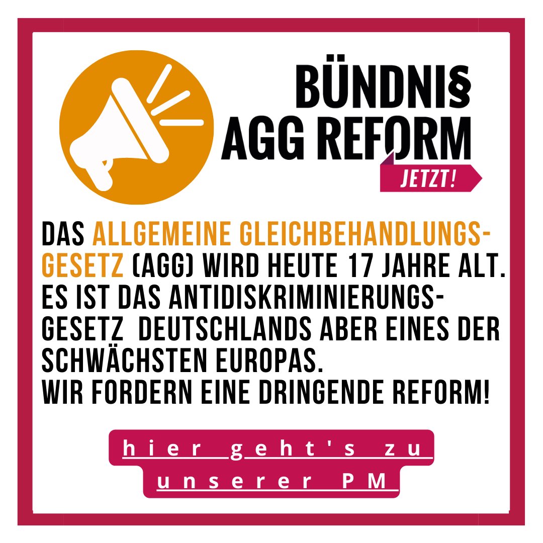 BUG_eV_'s tweet photo. #OTD Heute vor 17 Jahren trat das Allgemeine
Gleichbehandlungsgesetz in Kraft. Es ist DAS
Antidiskriminierungsgesetz in  &amp; leider eins der schwächsten
in Europa. Das muss sich schnellstens ändern,
@MarcoBuschmann!
PM des Bündnis #AGGReform - Jetzt!
https://t.co/LQiMYV6y9a https://t.co/xpGQWvmEzp