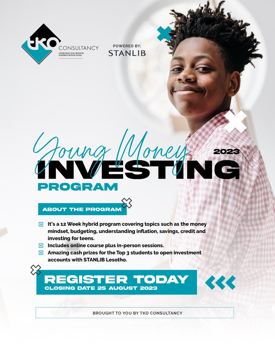 TheReporterLS's tweet image. Are you a parent or guardian of a teenager aged 15-17 years old living in Leribe, Mafeteng, Qacha and Maseru?

In collaboration with STANLIB Lesotho, we bring the Young Money Investing Program 2023. To apply for the program, complete this form forms.pulse.ly/7hawrts1cw
