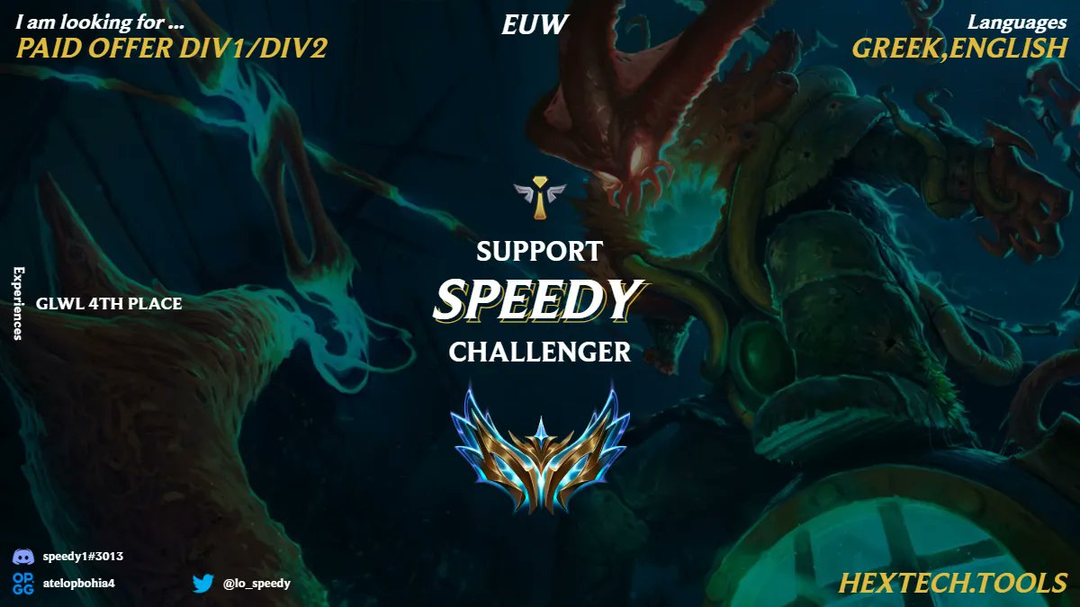 Hello, im officially LFT 
- challenger on euw rn
- 1 split GLWL experience
- Open for any offers in any region

You can contact me via dms or on discord (speedy1#3013)
Thanks for ❤️ and RT